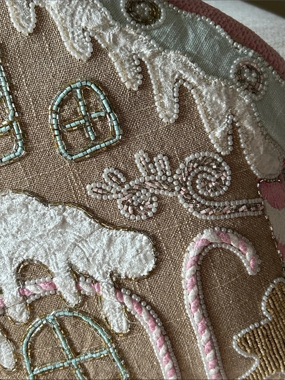 NEW! Christmas Holiday Pink Candy Shoppe Gingerbread House Beaded Throw Pillow